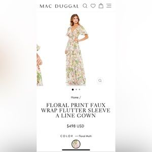 Mac Duggal Floral Print Faux Wrap Flutter Sleeve A Line Gown